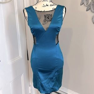 Teal Satin and Black Sheer V-Cut party dress